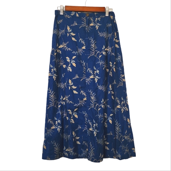 Vintage blue Linen plant print long skirt - Picture 3 of 9